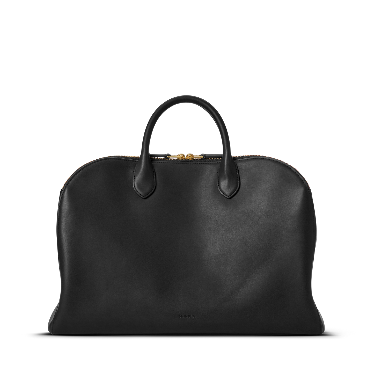 The Shinola Bixby Work Satchel - Black is crafted from natural leather with two top handles and a gold zipper, shown against a plain white background.