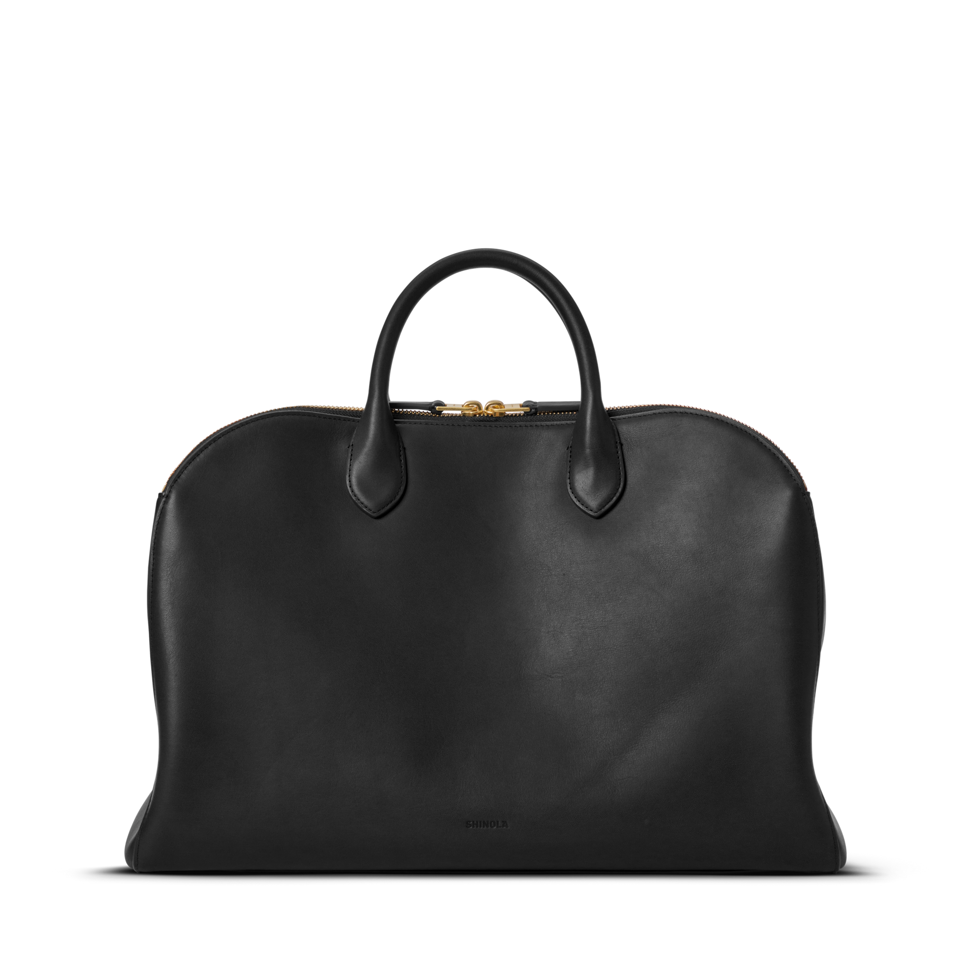 The Shinola Bixby Work Satchel - Black is crafted from natural leather with two top handles and a gold zipper, shown against a plain white background.