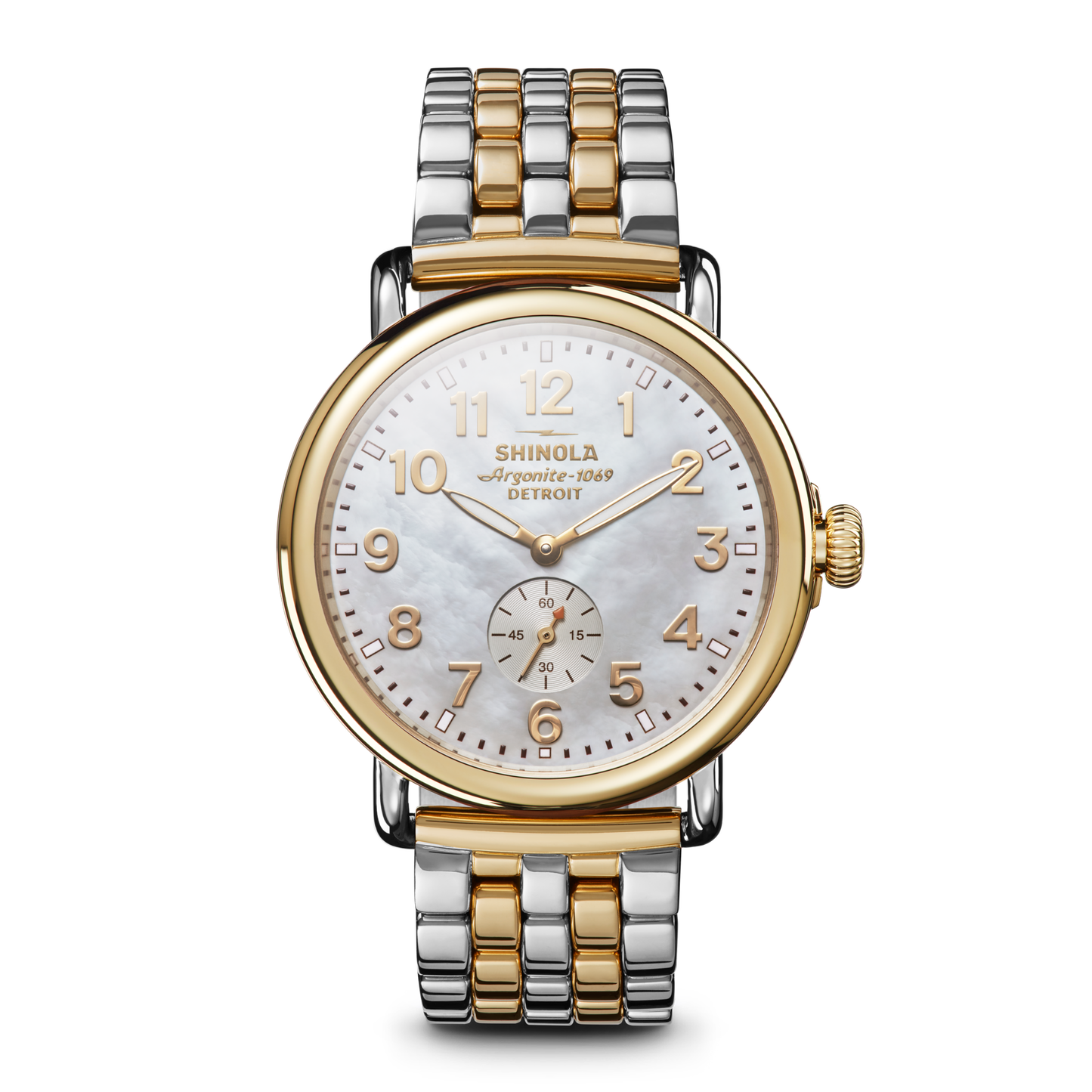 The Shinola Runwell Watch - Mother Of Pearl features a two-tone stainless steel bracelet, white mother of pearl dial with gold numerals and hands, small seconds subdial, and gold-toned crown and bezel.