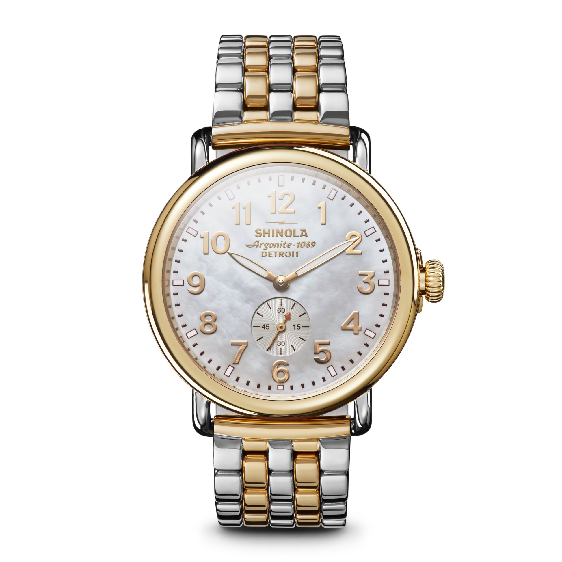 The Shinola Runwell Watch - Mother Of Pearl features a two-tone stainless steel bracelet, white mother of pearl dial with gold numerals and hands, small seconds subdial, and gold-toned crown and bezel.