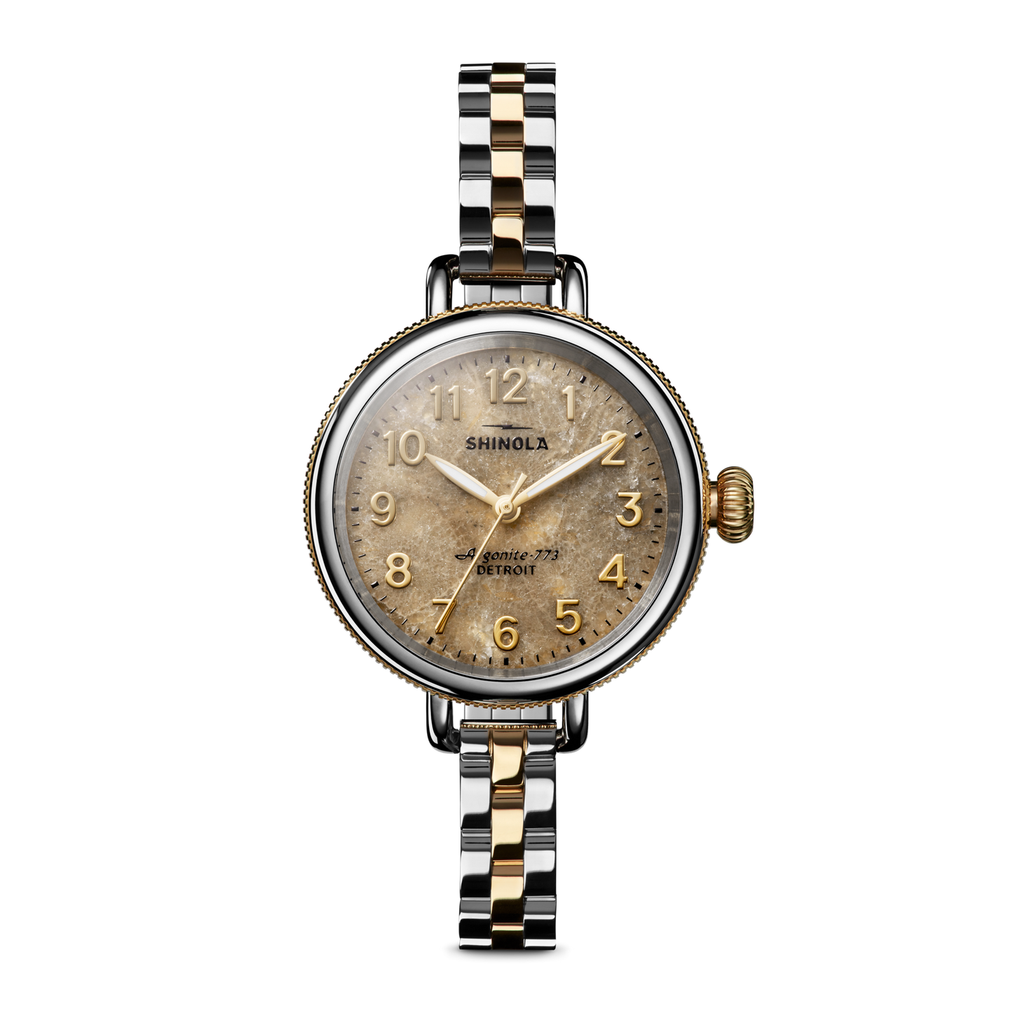 Assembled in Detroit, the Shinola Birdy Watch - Petoskey features a round vintage-style gold-tone face with gold numerals and a two-tone gold and stainless steel link band, shown on a plain white background.