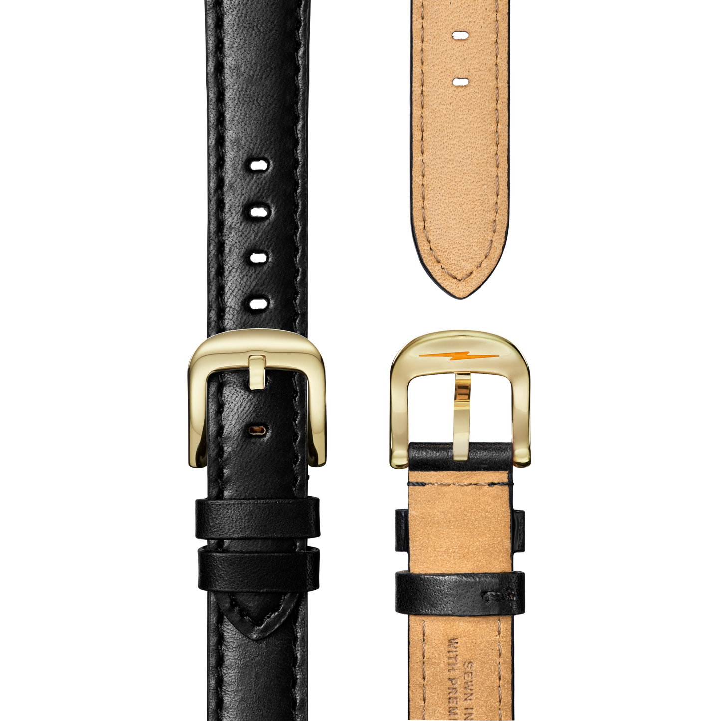 Close-up of two Shinola Runwell Watch - MOP Black Leather Straps with gold buckles. The tan underside has visible stitching and punched holes, while double loops complement the gold stainless steel case.