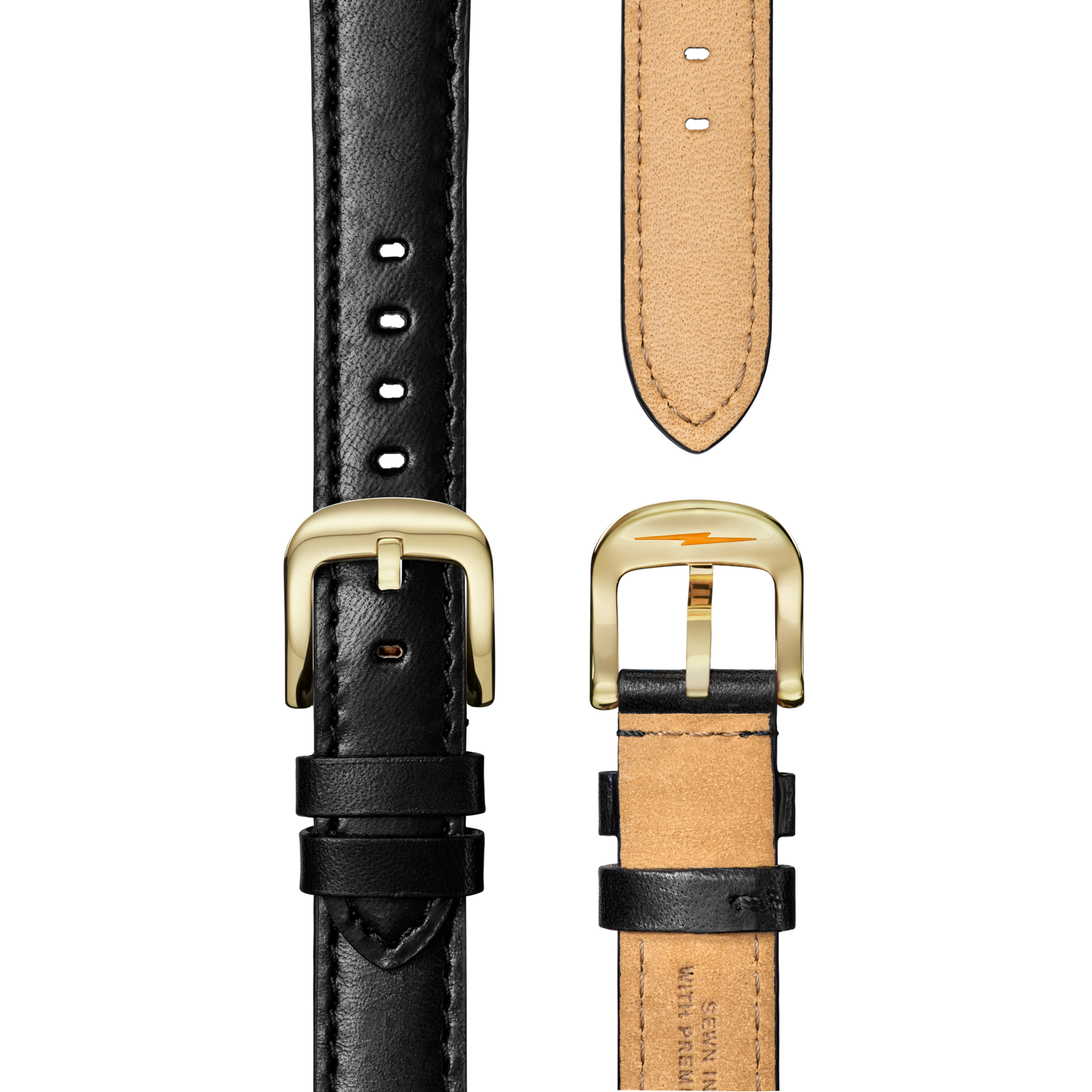Close-up of two Shinola Runwell Watch - MOP Black Leather Straps with gold buckles. The tan underside has visible stitching and punched holes, while double loops complement the gold stainless steel case.