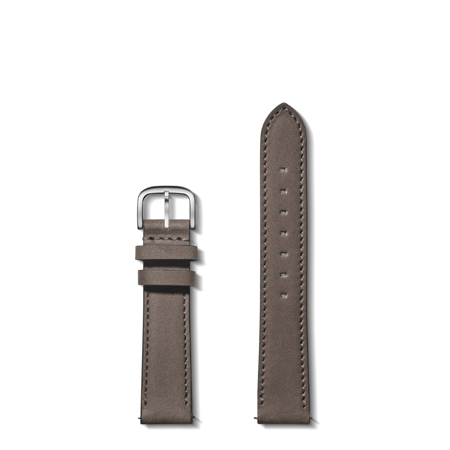 The Shinola QR Strap: 20/18 Outrigger, RR Classic, PoSS in Heather Gray features visible stitching and comes in two parts—a silver buckle side with loops and an adjustment hole side—both displayed against a white background.