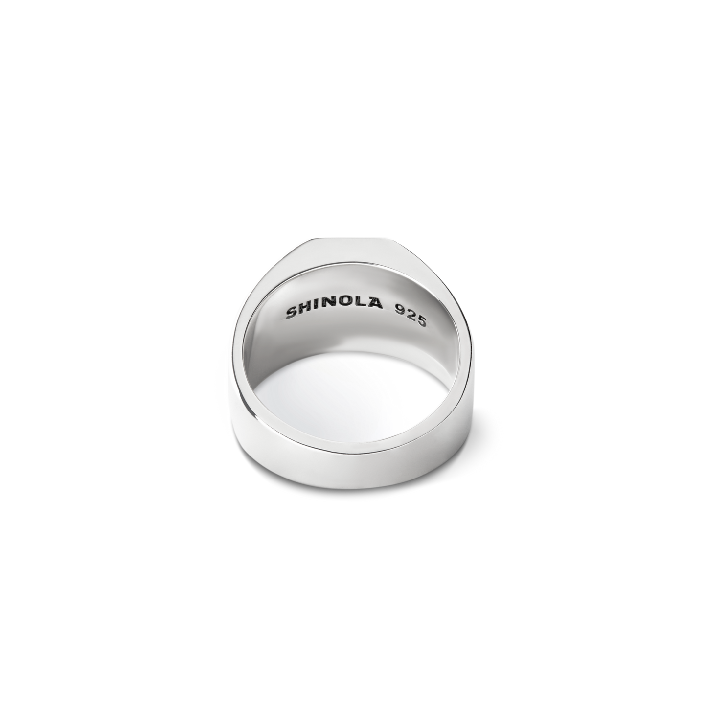 An Octagonal Inlay Signet Ring Turquoise by Shinola is shown from the back, revealing the interior engraving SHINOLA 925 against a plain white background.