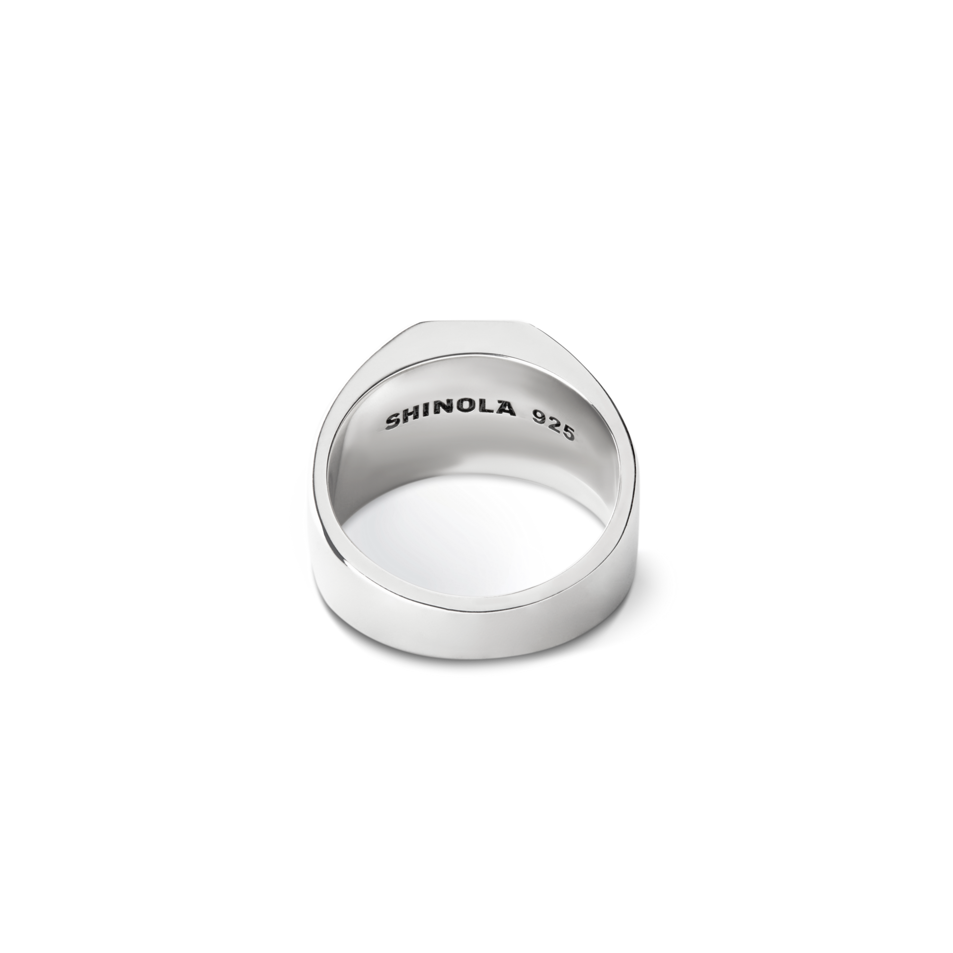The Octagonal Inlay Signet Ring Petoskey by Shinola features a geometric flat-top design in sterling silver, engraved with SHINOLA 925 on the inner band, shown on a white background.