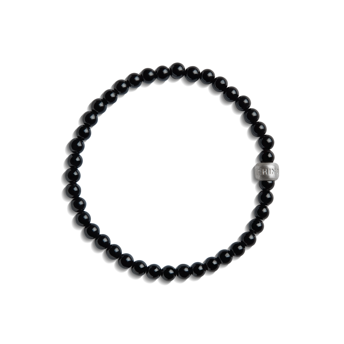 The Shinola 4mm Beaded Onyx Bracelet features black Onyx beads and a sterling silver accent engraved with “KITH,” shown on a plain white background.