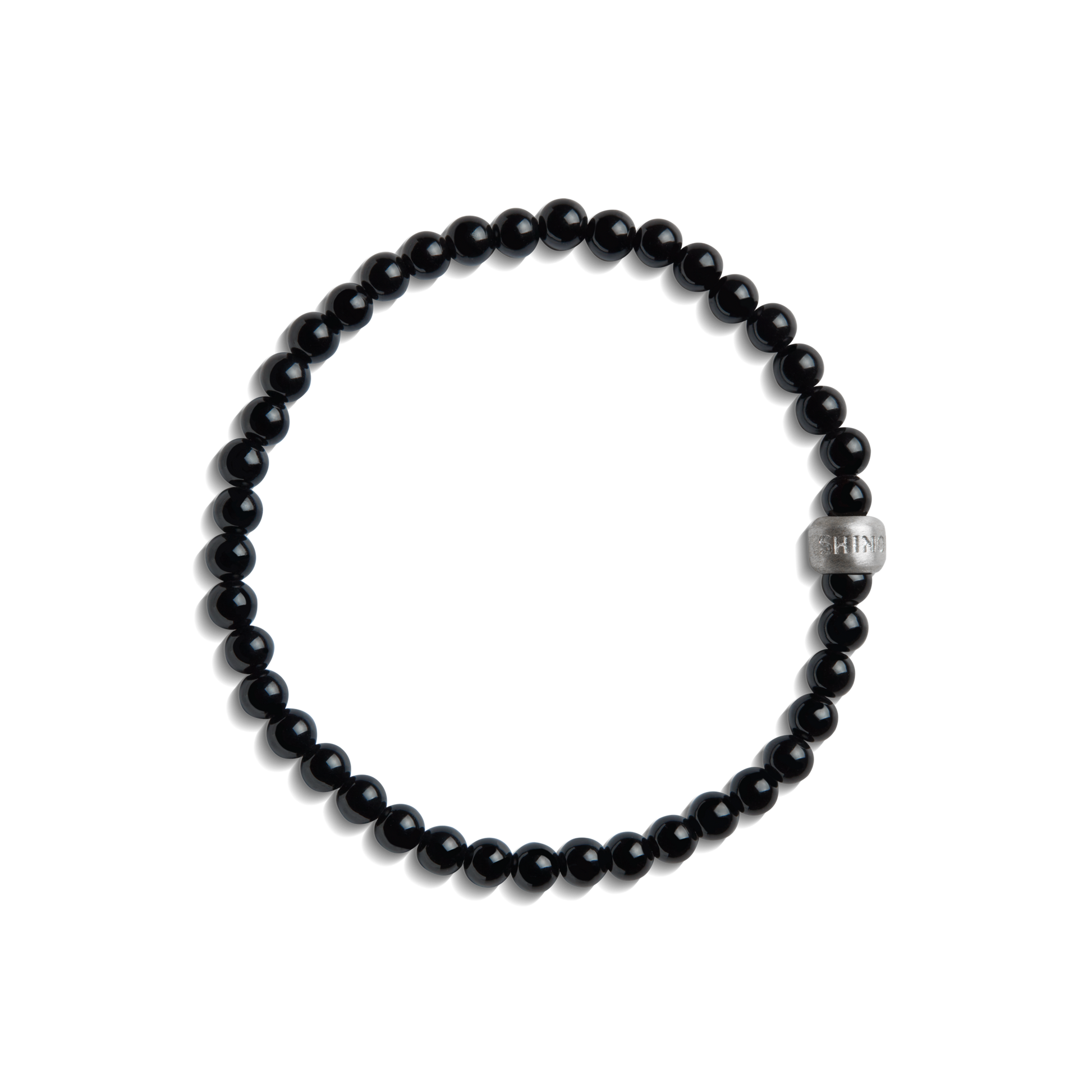 The Shinola 4mm Beaded Onyx Bracelet features black Onyx beads and a sterling silver accent engraved with “KITH,” shown on a plain white background.