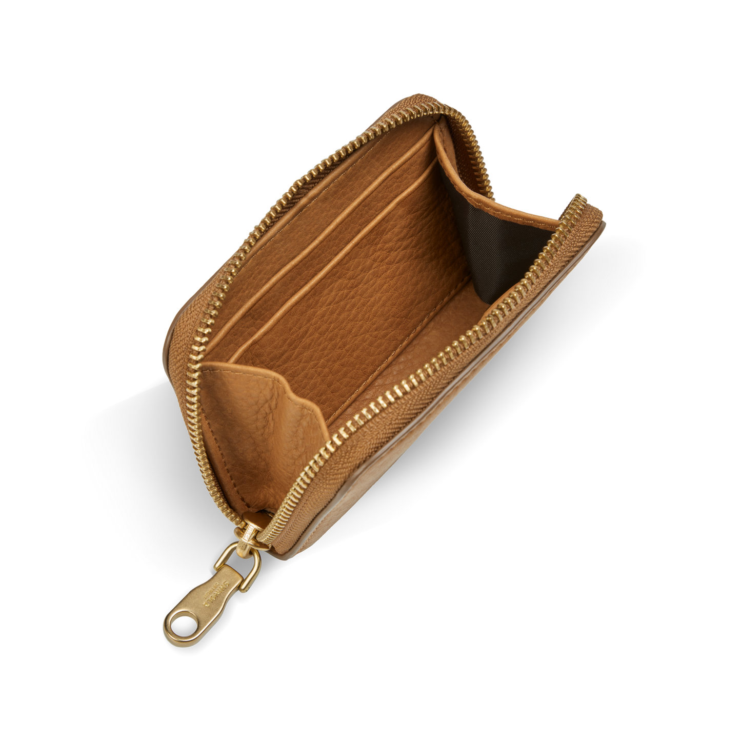 The Shinola Pocket Small Zip Around Wallet - Tan is open, showing its compartments and card slots with a gold zip closure and pull tab, set against a white background.