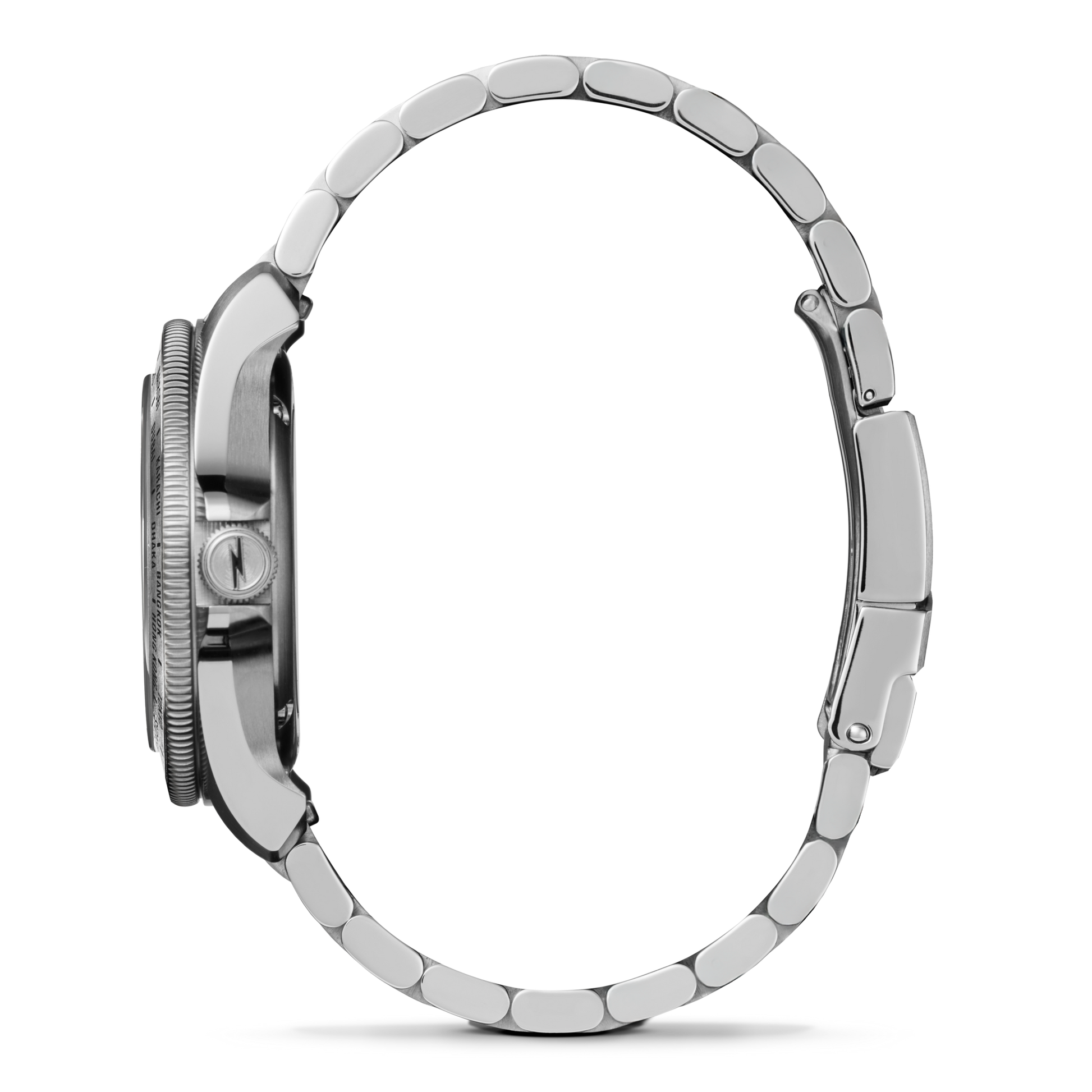 Side view of the Shinola Monster Worldtimer GMT Watch, featuring a stainless steel case, metal link band, visible thickness, crown, clasp, and world timer bezel against a plain white background.