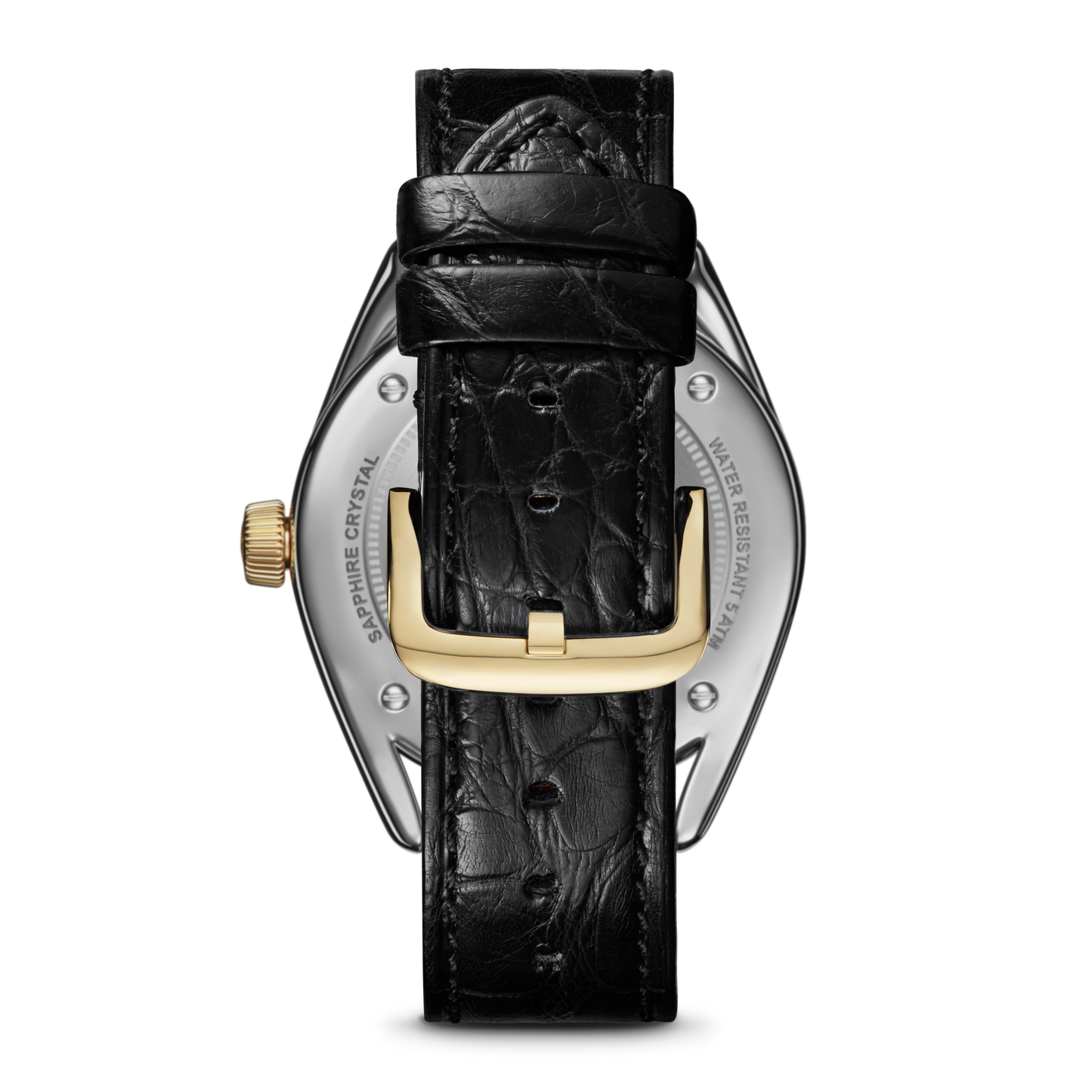 A close-up of the Celestial Derby Watch - Black Mother of Pearl Diamond by Shinola, showcasing its black textured leather strap with a gold buckle and a glimpse of the silver case—a refined detail for this elegant timepiece.