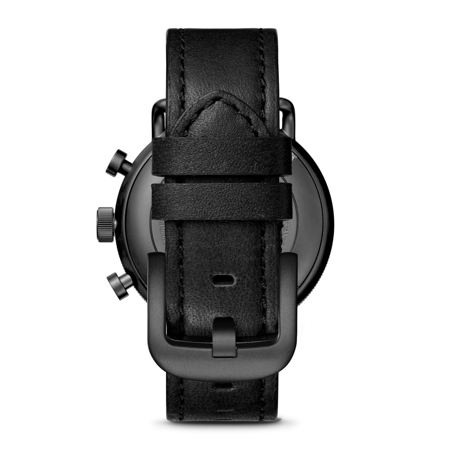 The Shinola Canfield Sport Chronograph Watch features a black leather strap with visible stitching, a matte black metal buckle and loops, shown from the back against a plain white background.
