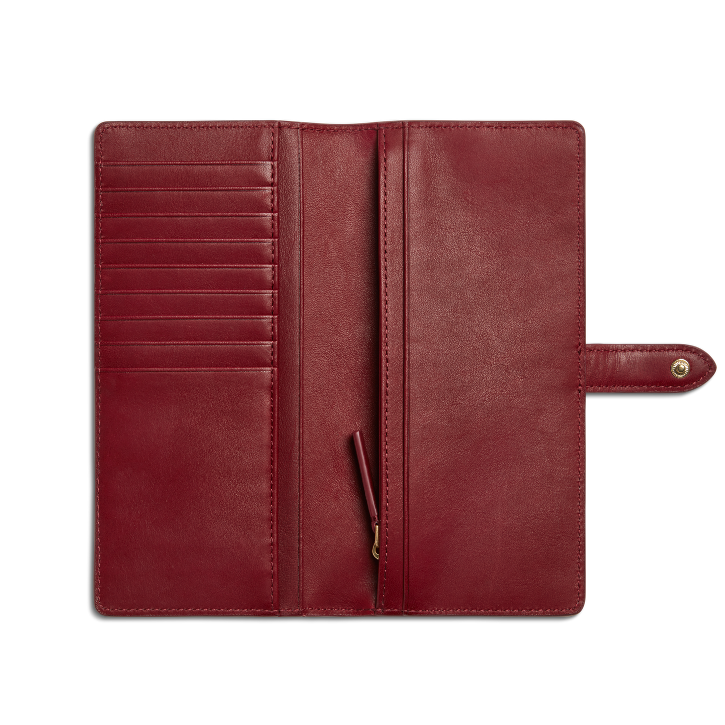 Shinola's Continental Snap Wallet - Ruby, crafted from natural leather, features multiple left card slots, a center zippered compartment, and a right snap closure tab—all shown against a white background.