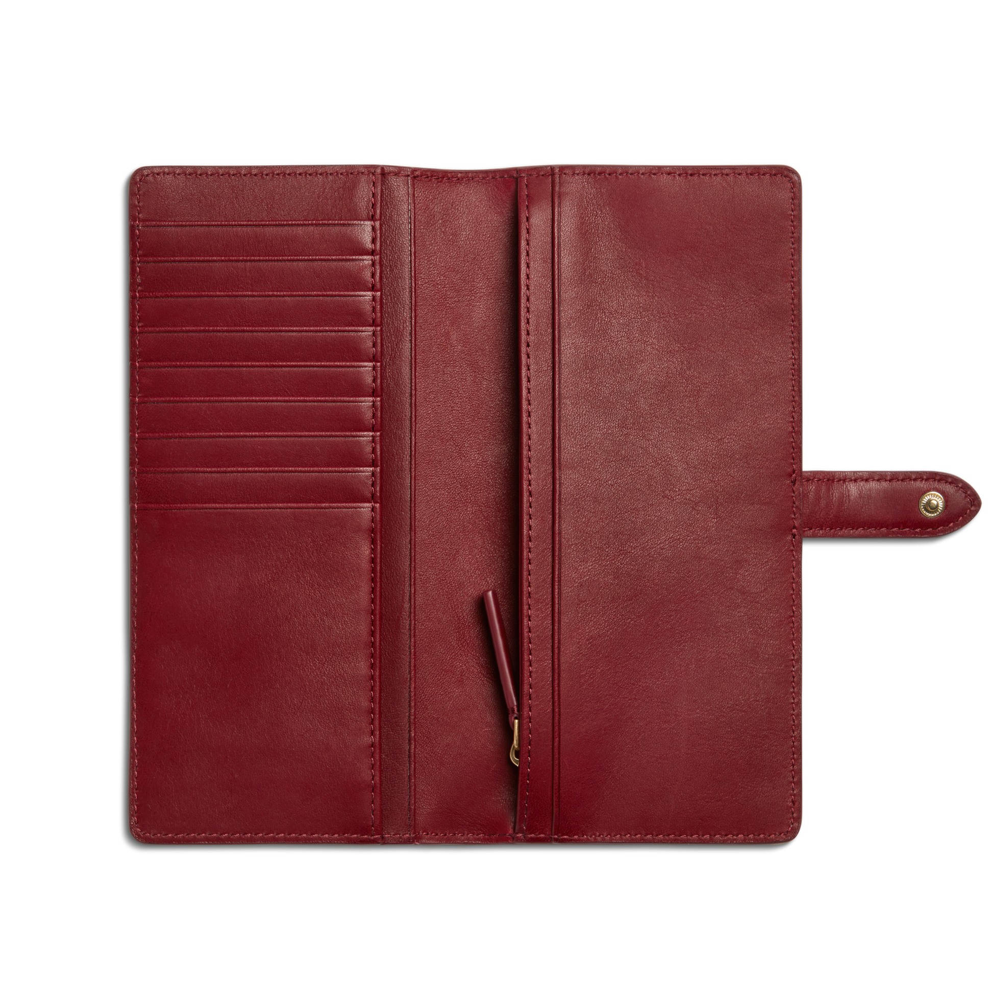 Shinola's Continental Snap Wallet - Ruby, crafted from natural leather, features multiple left card slots, a center zippered compartment, and a right snap closure tab—all shown against a white background.