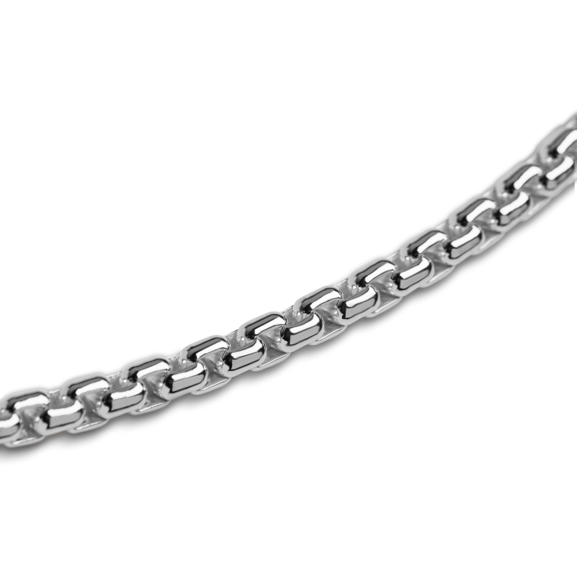Close-up view of the Shinola 4mm Box Chain Necklace, a 24" sterling silver piece featuring interlocking, polished links, showcased against a white background.