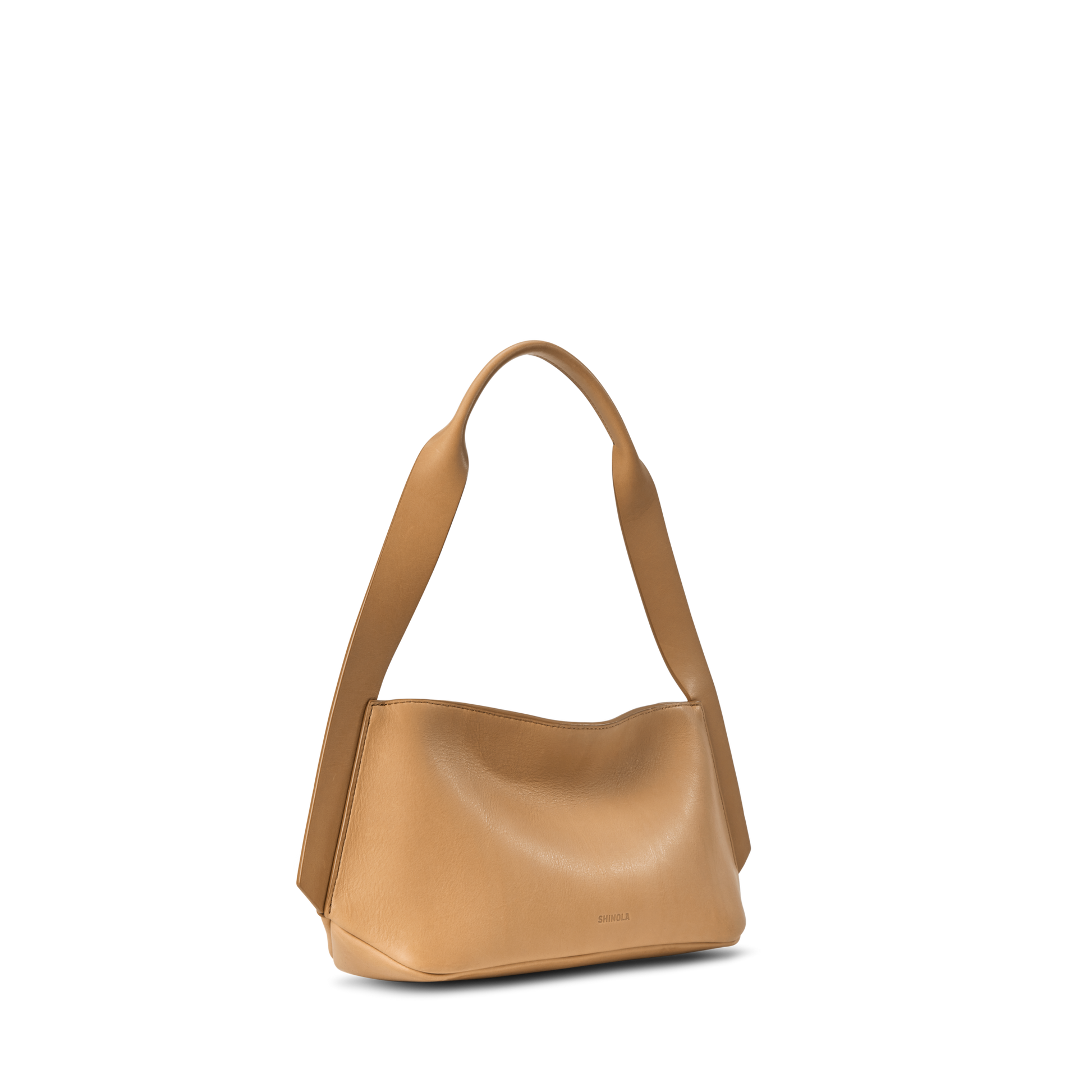 The Shinola Small Derby Shoulder Bag in Honey features natural leather, a wide curved strap, and a smooth minimalist design—ideal for day to night. Shown on a plain white background.