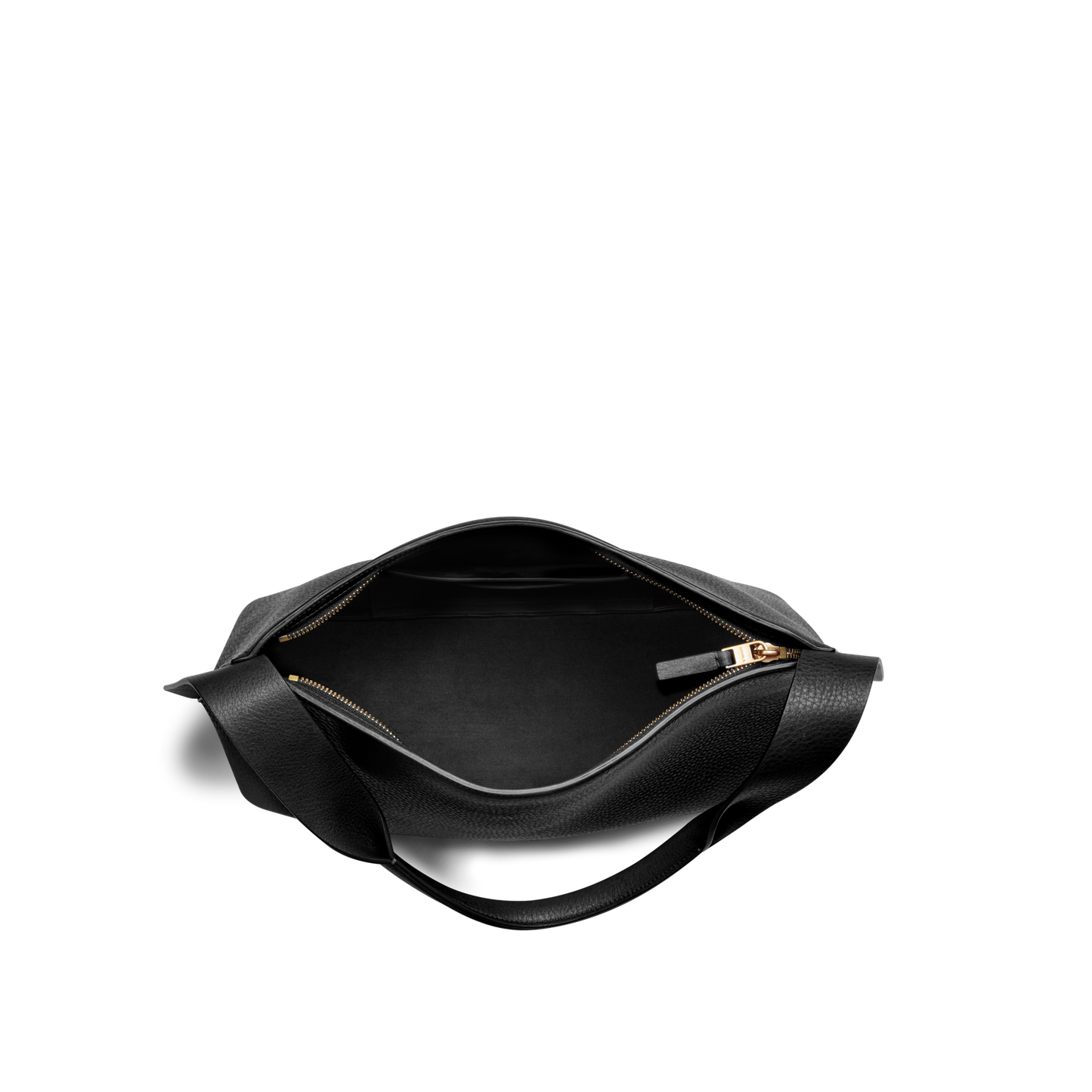 The Shinola Medium Derby Shoulder Bag - Black features natural grain leather, wide handles, a gold zip closure, and a textured finish. Shown open with an empty interior and set against a plain white background.