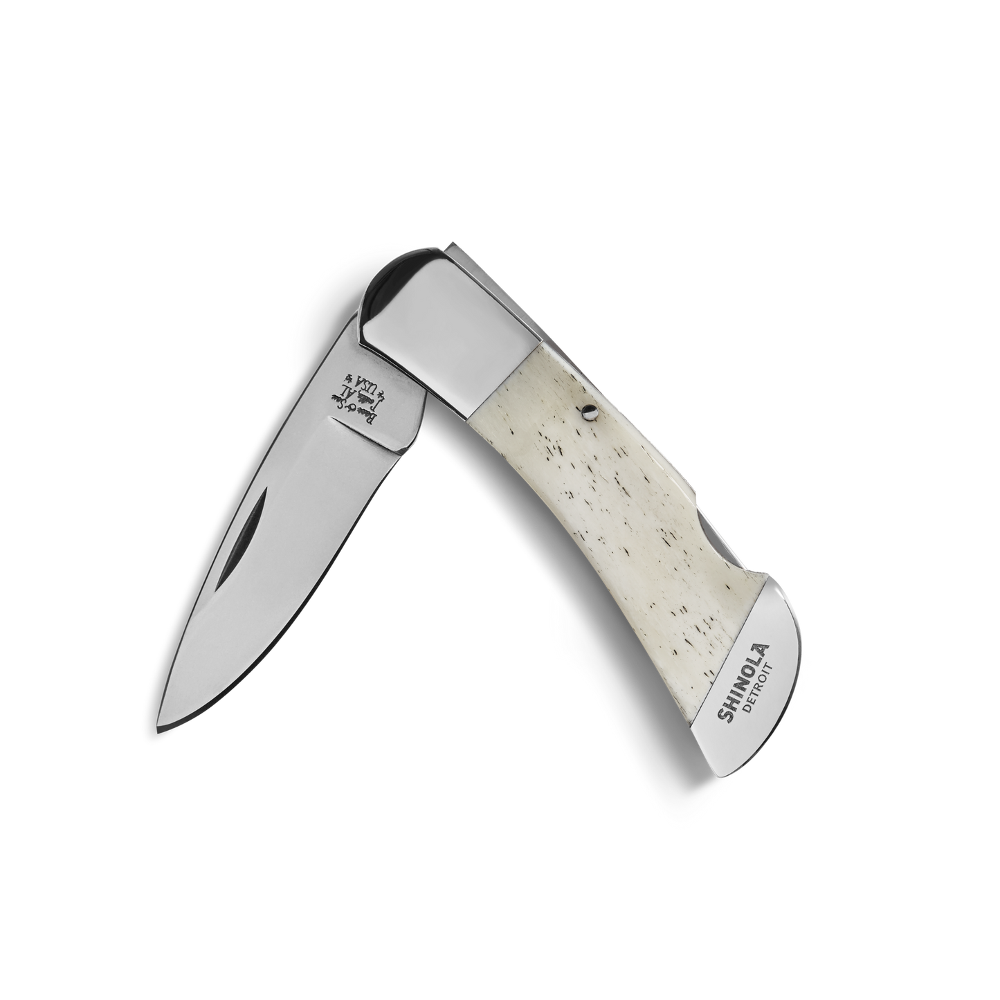 The Shinola + Bear & Son Pocket Knife by Shinola features a polished white smooth bone handle and a partially open 440 stainless steel blade, both engraved with text, displayed on a white background.