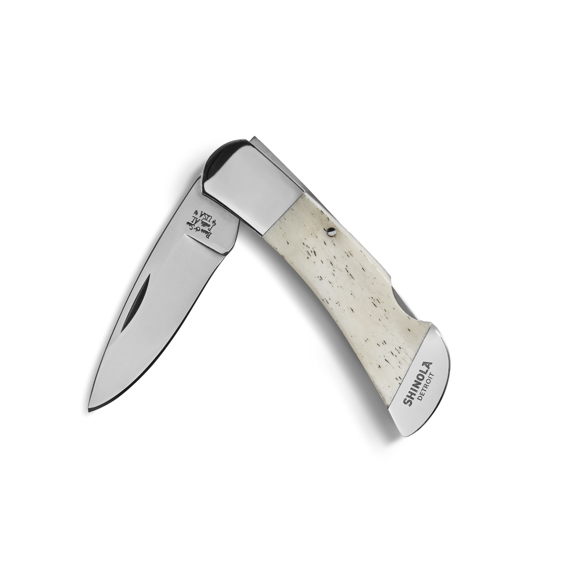 The Shinola + Bear & Son Pocket Knife by Shinola features a polished white smooth bone handle and a partially open 440 stainless steel blade, both engraved with text, displayed on a white background.