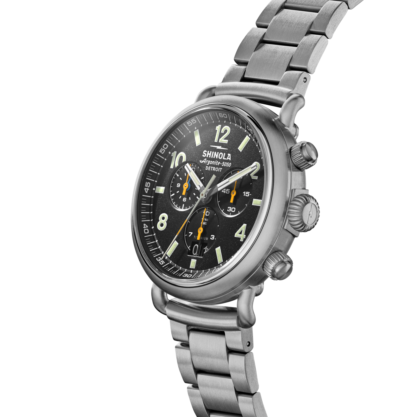 The Shinola Runwell Chronograph West Wind Watch Gift Set features a black dial, luminous hands and numerals, 20 ATM water resistance, and includes both a metal link bracelet and an additional strap, shown on a white background.