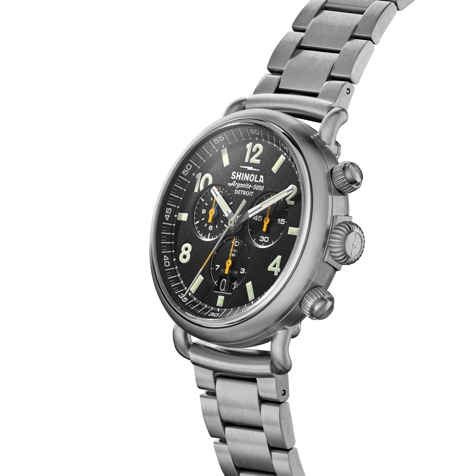 The Shinola Runwell Chronograph West Wind Watch Gift Set features a black dial, luminous hands and numerals, 20 ATM water resistance, and includes both a metal link bracelet and an additional strap, shown on a white background.