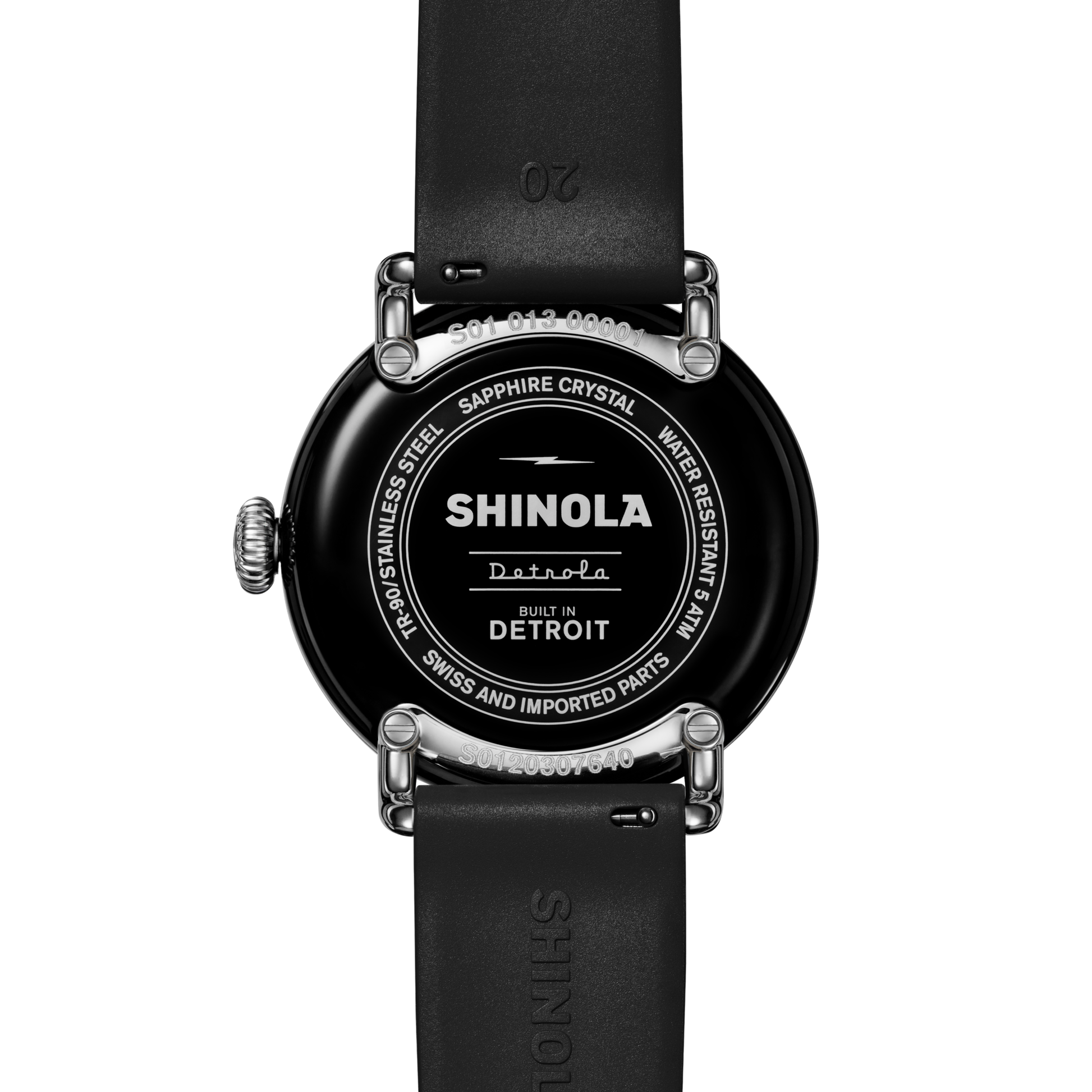 The back of a Shinola Detrola Watch - Black features "Shinola Detroit" and "Built in Detroit," plus details like stainless steel, sapphire crystal, and water resistance—a stylish and durable American-designed timepiece.