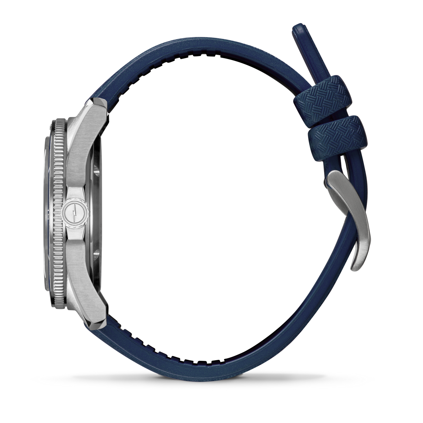 Side view of the Shinola Duck Watch - Midnight Blue, featuring a silver stainless-steel case, blue textured silicone strap, metal buckle, and prominent crown, showcasing its water-resistant build against a plain white background.