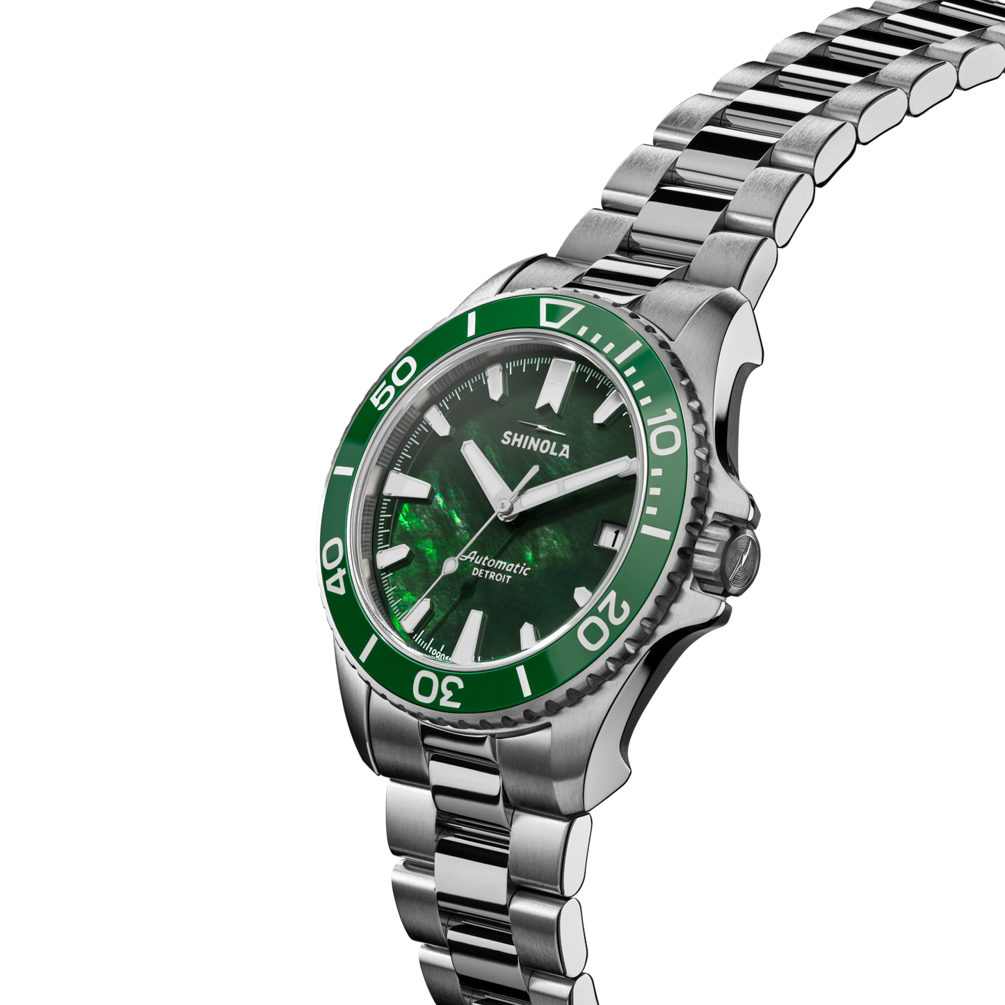 The Shinola Lake Ontario Monster Automatic Dive Watch features a stainless steel link band, green bezel, and green sunburst dial with white markers and hands, shown angled on a white background.