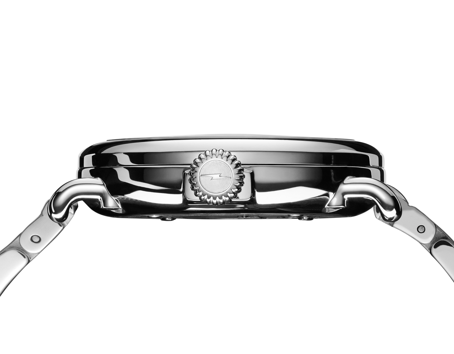 Side view of the Shinola Runwell Watch - Cadet Blue, showing its silver polished metal case, crown, and lugs in profile against a plain white background.