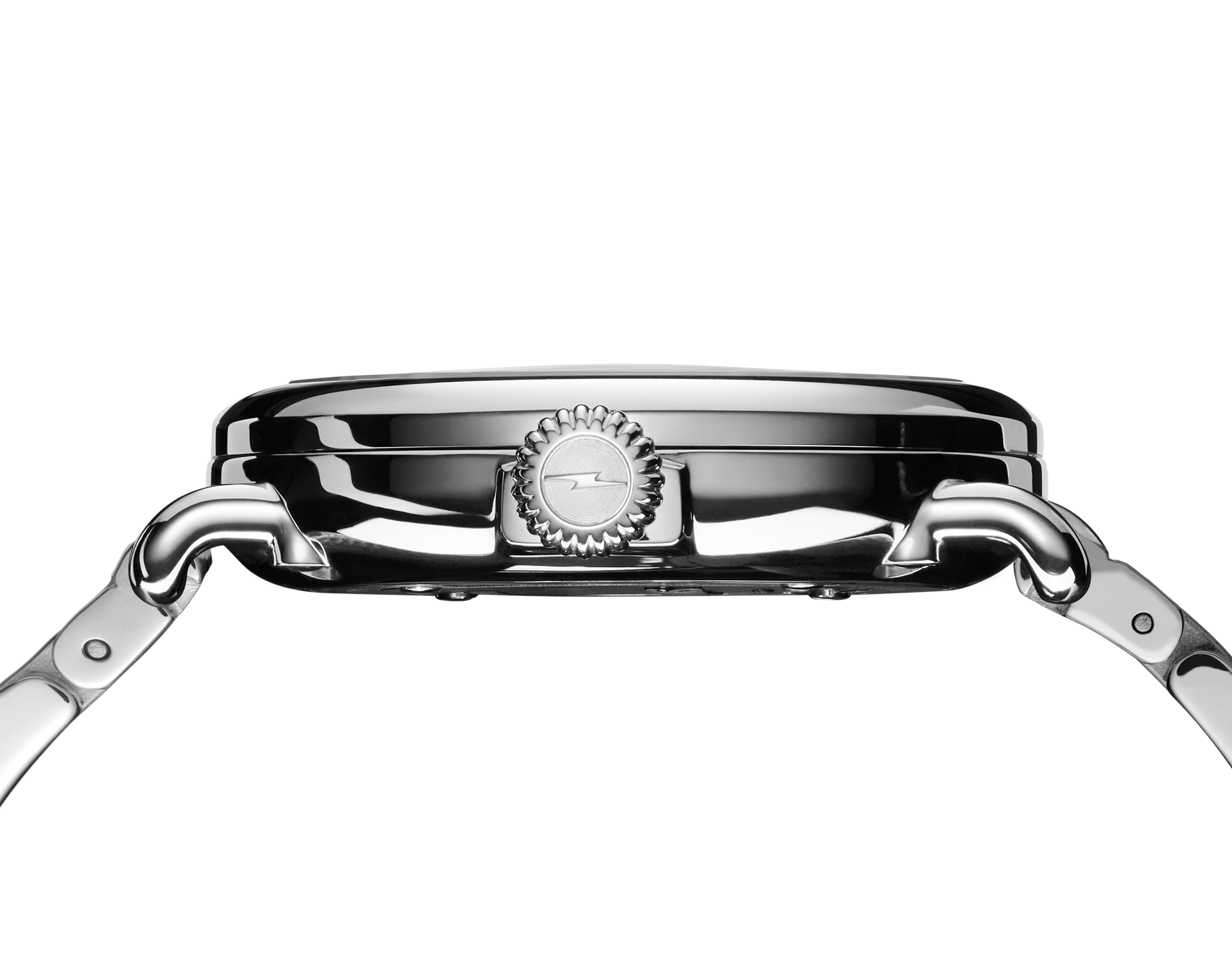 Side view of the Shinola Runwell Watch - Cadet Blue, showing its silver polished metal case, crown, and lugs in profile against a plain white background.
