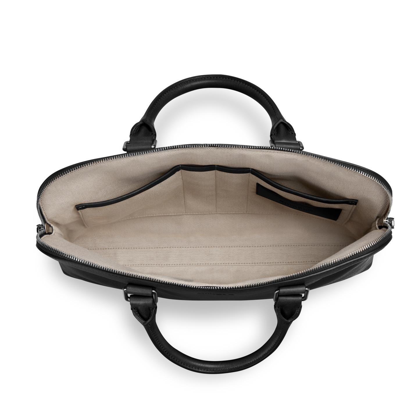 A top-down view of the Shinola Portfolio Briefcase in black European grain leather with beige lining, multiple interior pockets, two handles, and a zipper closure—perfect as a stylish leather brief.