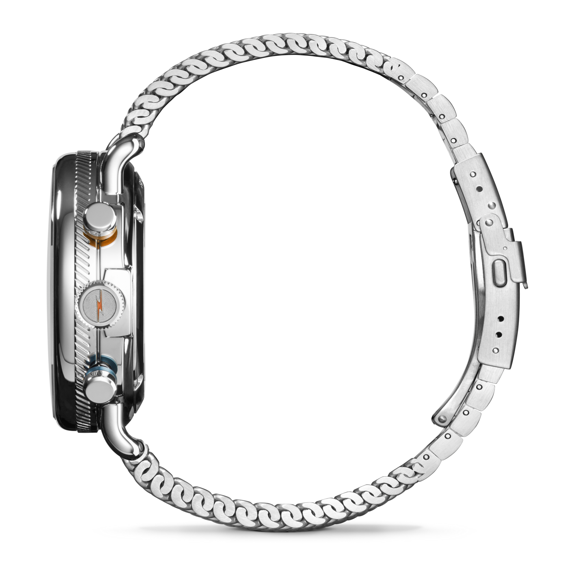 Side view of the Shinola Canfield Speedway Open Road Automatic Chronograph Watch - Blue, featuring a silver metal link band in an open position, two side buttons, a tachymeter bezel, and a subdial on the blue watch face.