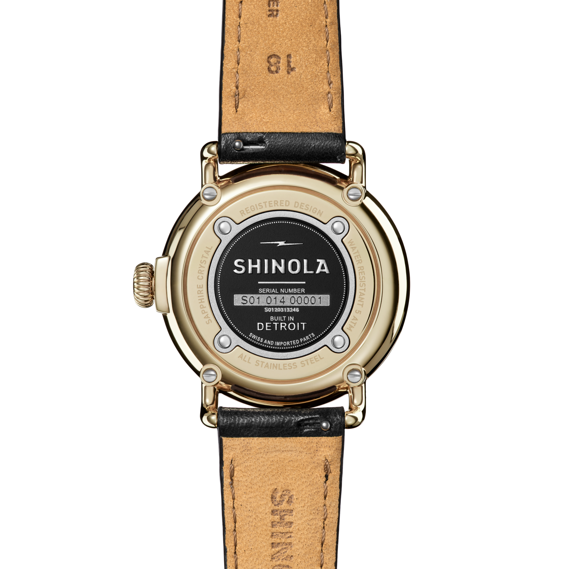 The back of a Shinola Runwell Watch - MOP Black Leather Strap features a gold stainless steel case, black leather strap, visible serial number S01.014.00001, and engraving that reads BUILT IN DETROIT and ALL STAINLESS STEEL.