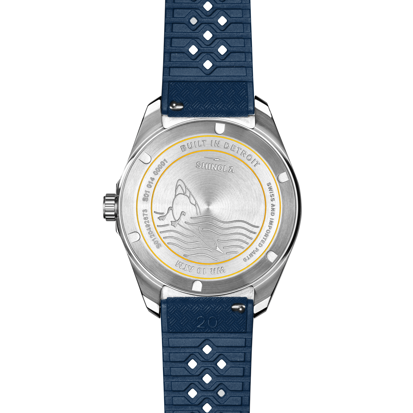 The back of the Shinola Duck Watch - Midnight Blue features a blue textured strap, engraved waves and rising sun, plus “BUILT IN DETROIT” and “STAINLESS STEEL CASE 10ATM SWISS MOVEMENT” around the case.