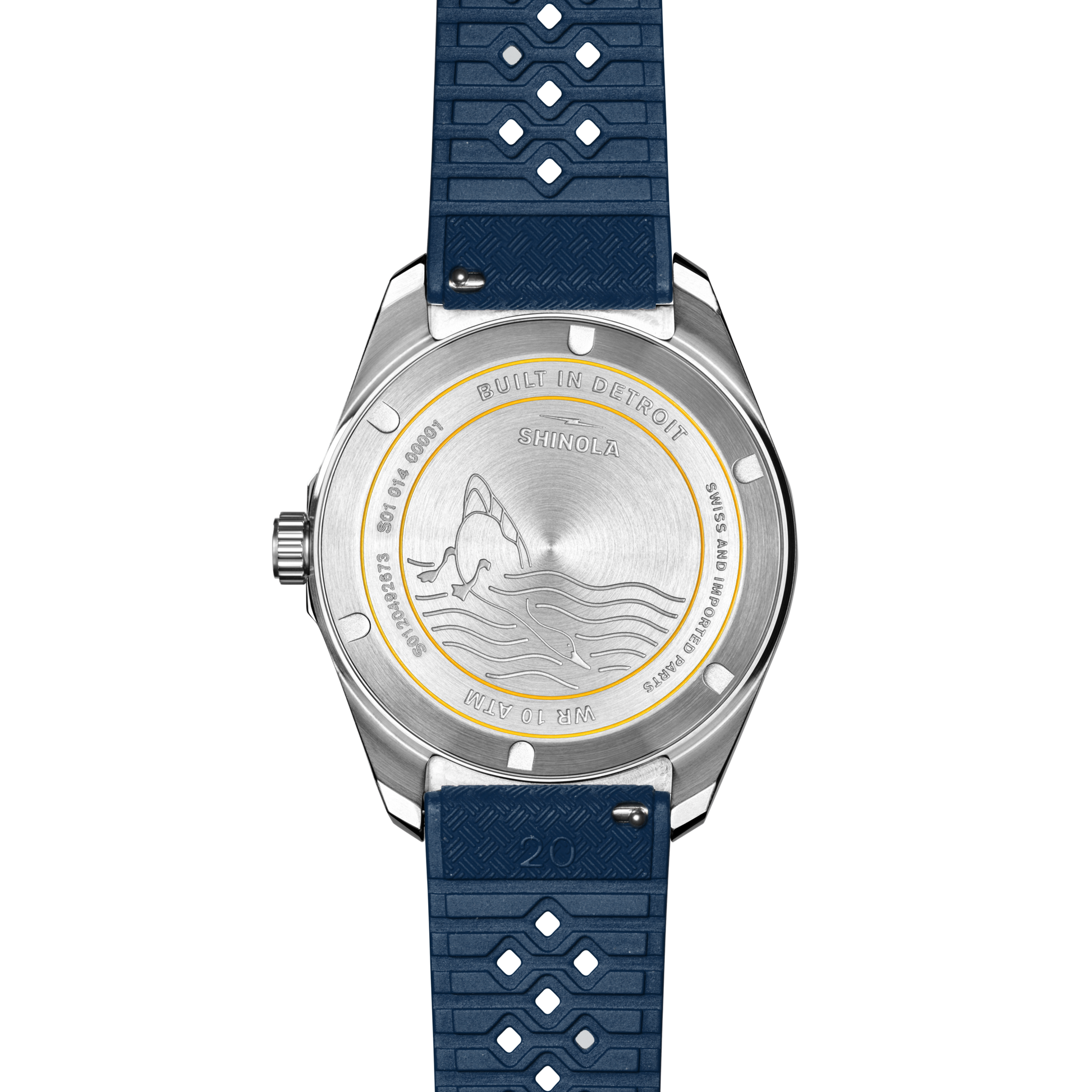 The back of the Shinola Duck Watch - Midnight Blue features a blue textured strap, engraved waves and rising sun, plus “BUILT IN DETROIT” and “STAINLESS STEEL CASE 10ATM SWISS MOVEMENT” around the case.