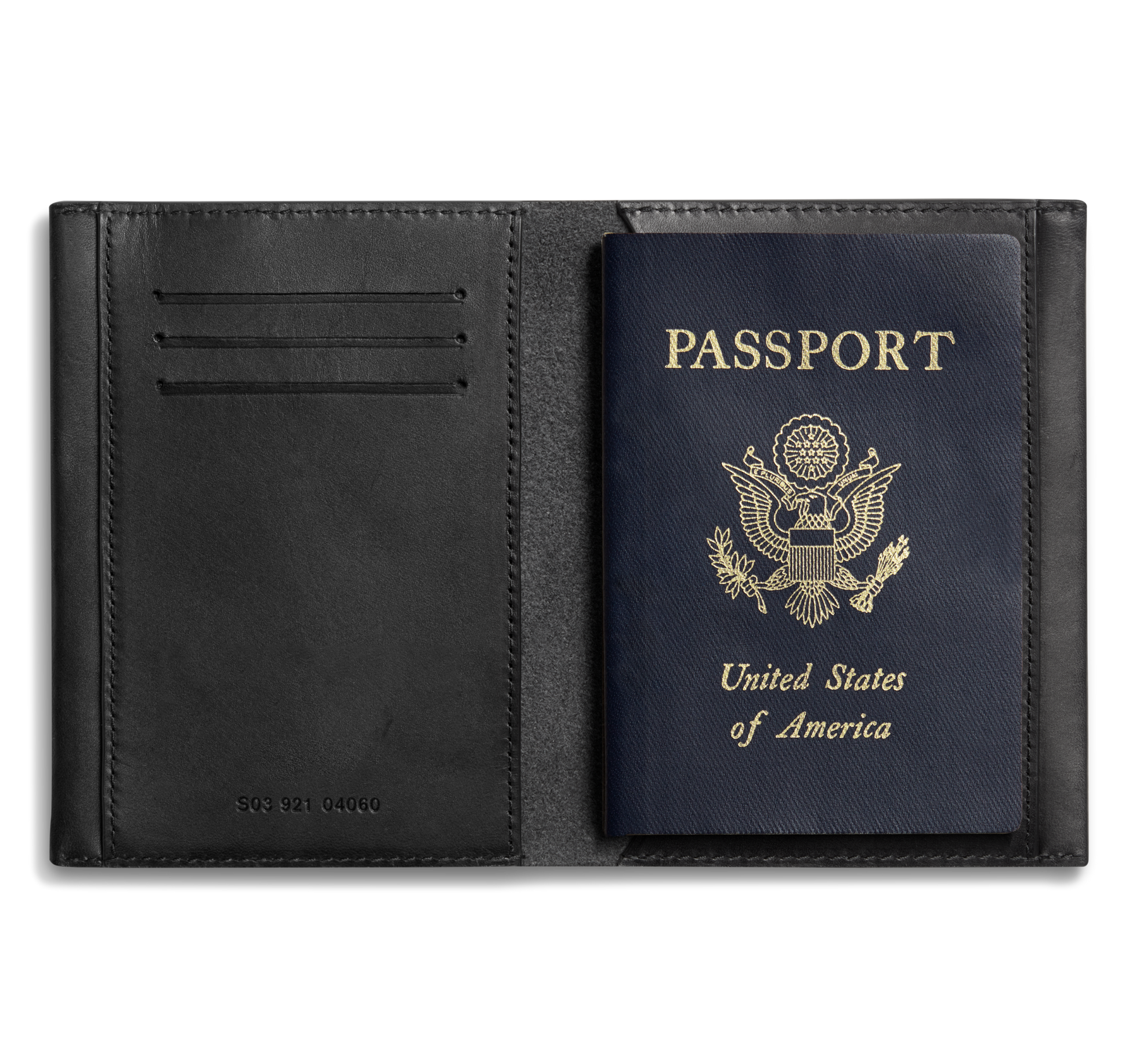 The Shinola Passport Holder - Black, crafted from Italian Vachetta leather, opens to display a navy US passport on the right and three card slots on the left—embellished with gold lettering and the US coat of arms for a stylish travel touch.