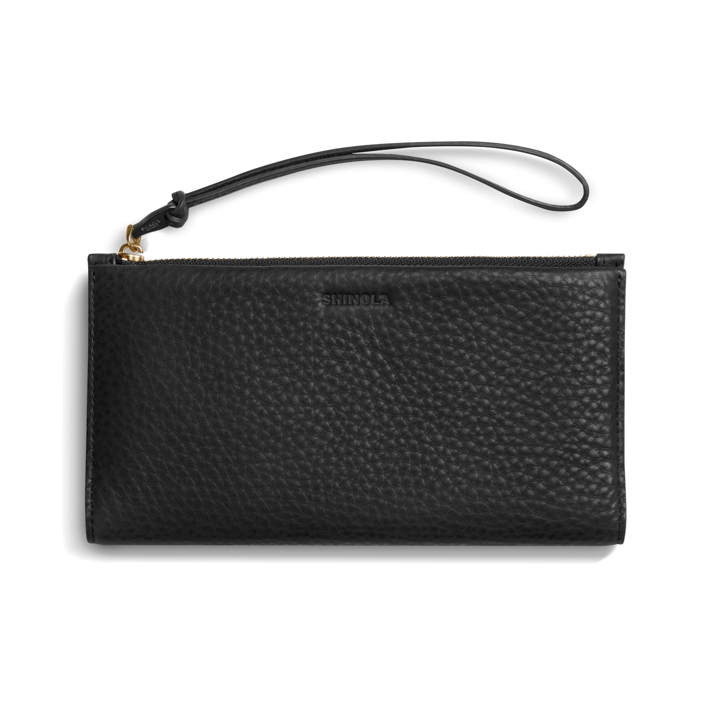 The Shinola Wristlet Wallet - Black features textured natural grain leather, card pockets, zipper closure, and a detachable wrist strap. "Shinola" is embossed on the front. Shown on a white background.