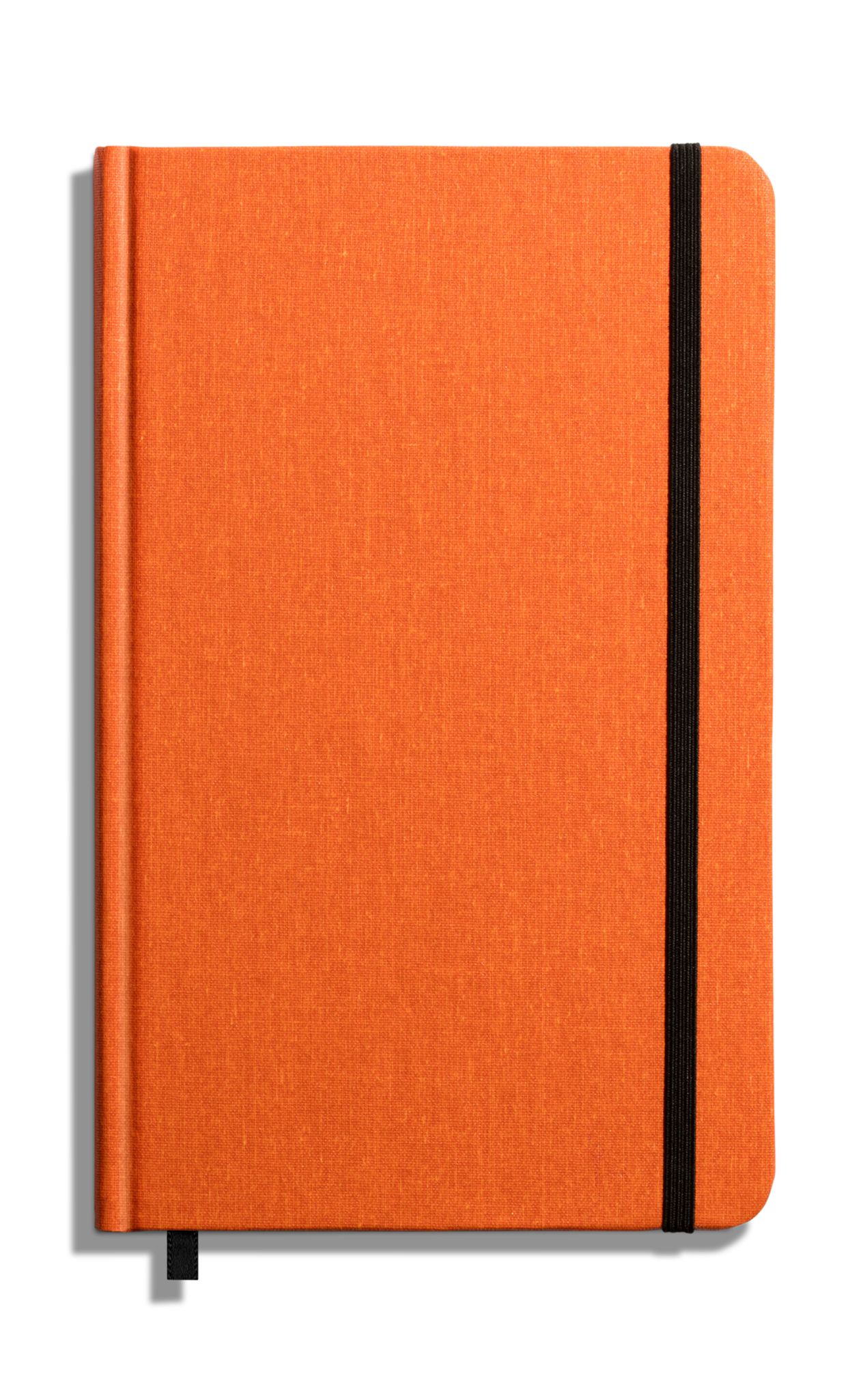 The Shinola Medium Hard Ruled Journal in Bold Orange features a closed orange hardcover, black elastic band, and matching orange ribbon bookmark, photographed on a plain white background.