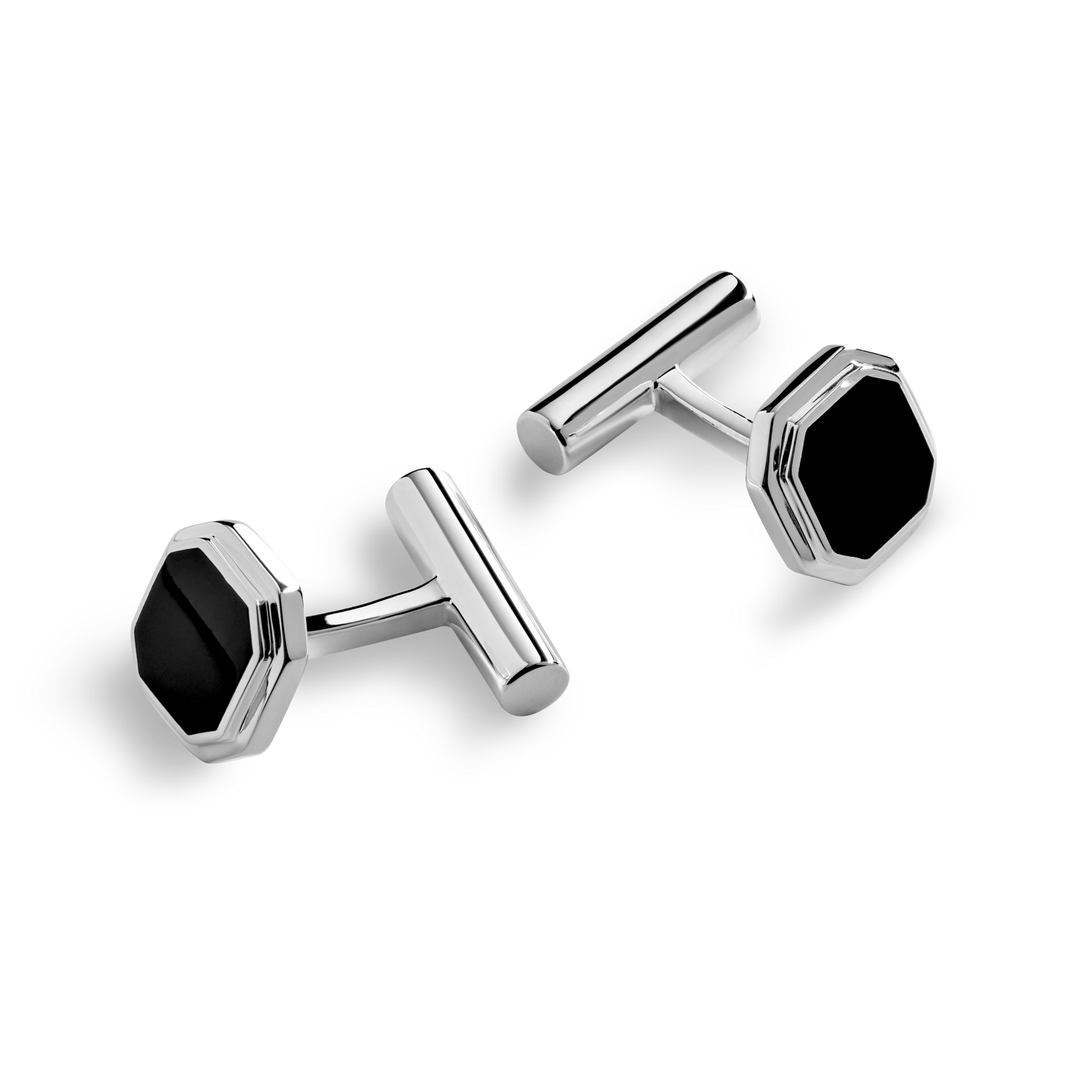 Shinola’s Octagonal Onyx Inlay Cufflinks feature black onyx set in sterling silver, shown against a white background—a refined accessory for any modern men’s jewelry collection.