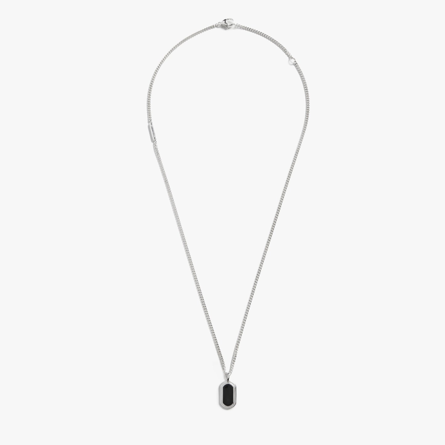 The Shinola Onyx Tag Necklace - Sterling Silver features a small rectangular black onyx pendant at the center, showcased against a plain white background.