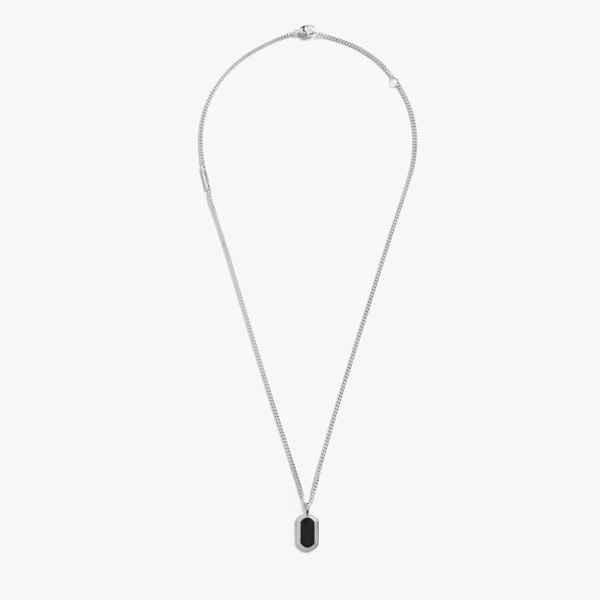 The Shinola Onyx Tag Necklace - Sterling Silver features a small rectangular black onyx pendant at the center, showcased against a plain white background.