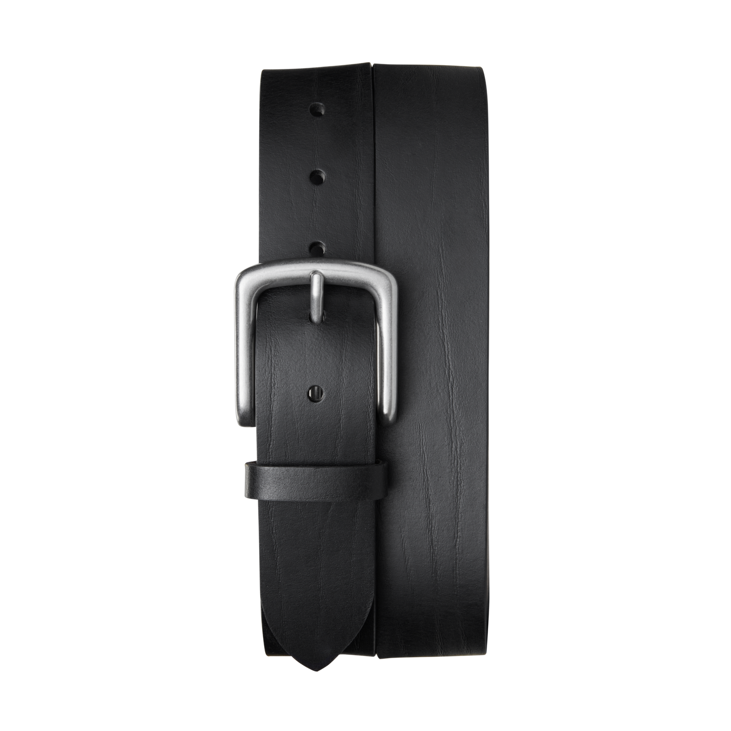 The Shinola 1 1/2" Essential Belt in black natural leather features a silver rectangular buckle, displayed rolled up with the buckle facing forward on a white background.