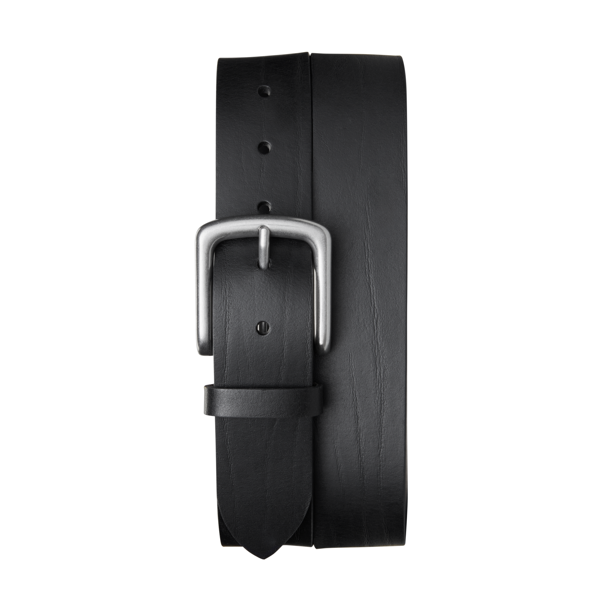 The Shinola 1 1/2" Essential Belt in black natural leather features a silver rectangular buckle, displayed rolled up with the buckle facing forward on a white background.