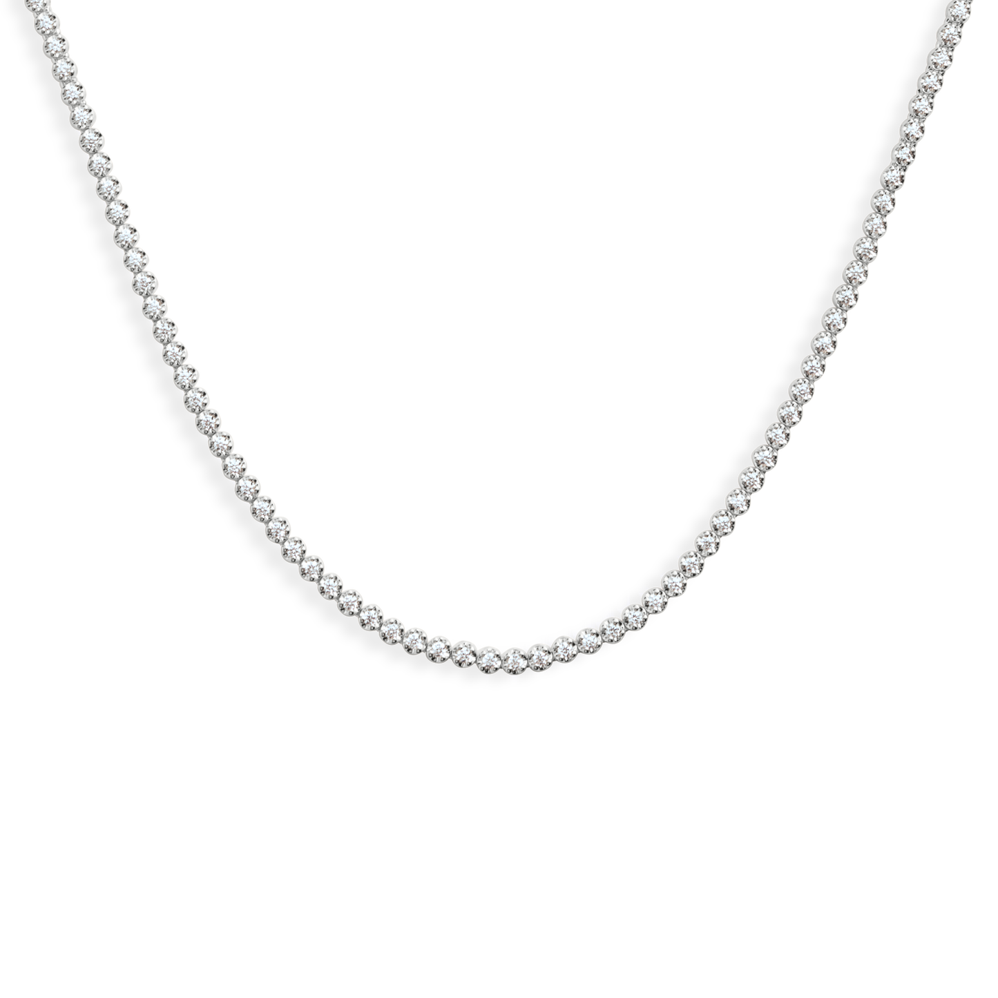 The Shinola 5 Carat Diamond Tennis Necklace in white gold showcases a single continuous row of small, round diamonds, elegantly displayed against a plain white background.