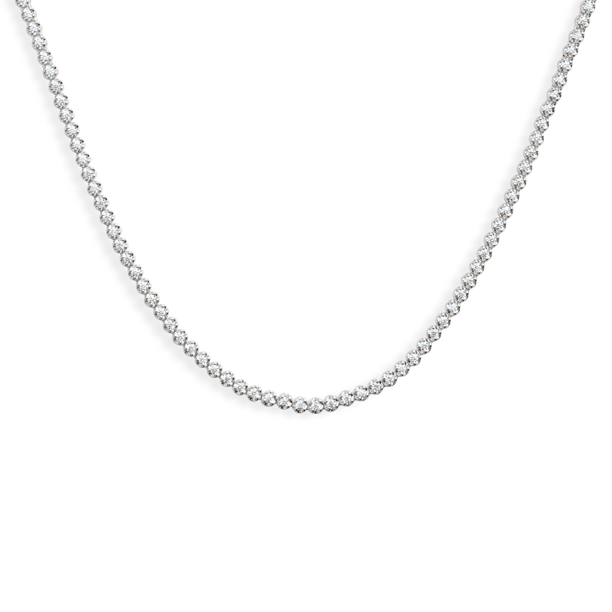 The Shinola 5 Carat Diamond Tennis Necklace in white gold showcases a single continuous row of small, round diamonds, elegantly displayed against a plain white background.