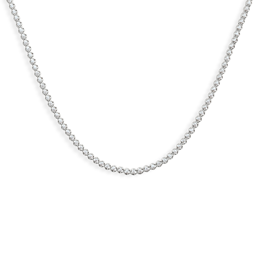 The Shinola 5 Carat Diamond Tennis Necklace in white gold showcases a single continuous row of small, round diamonds, elegantly displayed against a plain white background.