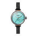 The Birdy Watch - Chrysocolla by Shinola features a turquoise Chrysocolla dial, black leather strap, silver bezel, and displays "Shinola Argonite-773 Detroit" in black lettering.