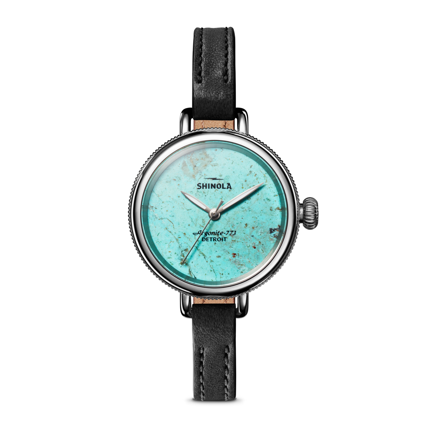 The Birdy Watch - Chrysocolla by Shinola features a turquoise Chrysocolla dial, black leather strap, silver bezel, and displays "Shinola Argonite-773 Detroit" in black lettering.