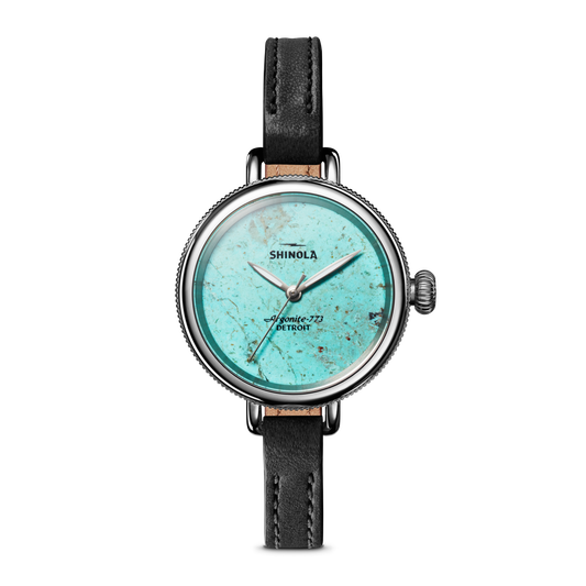 The Birdy Watch - Chrysocolla by Shinola features a turquoise Chrysocolla dial, black leather strap, silver bezel, and displays "Shinola Argonite-773 Detroit" in black lettering.