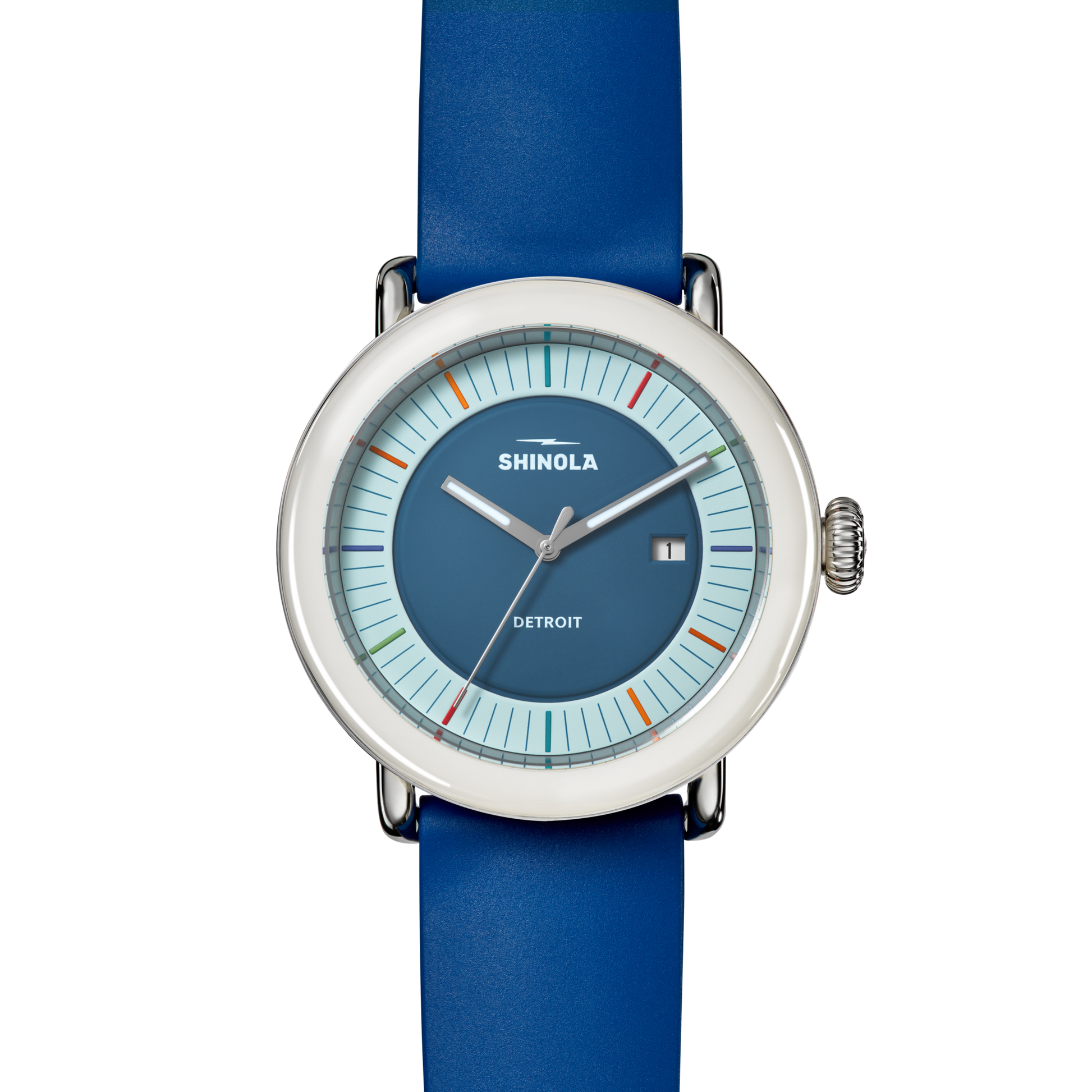 The Shinola Detrola Watch - Blue features a blue leather strap, blue dial, silver case, white hands, multicolored hour markers, "Shinola" branding, and a date window. Inspired by art and crafted with quality design.